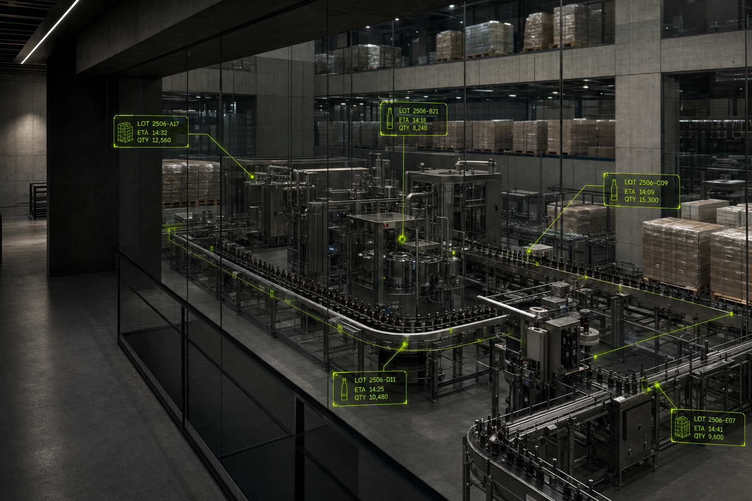 Production line with augmented-reality material flow nodes pinning lot IDs, ETAs, and quantities
